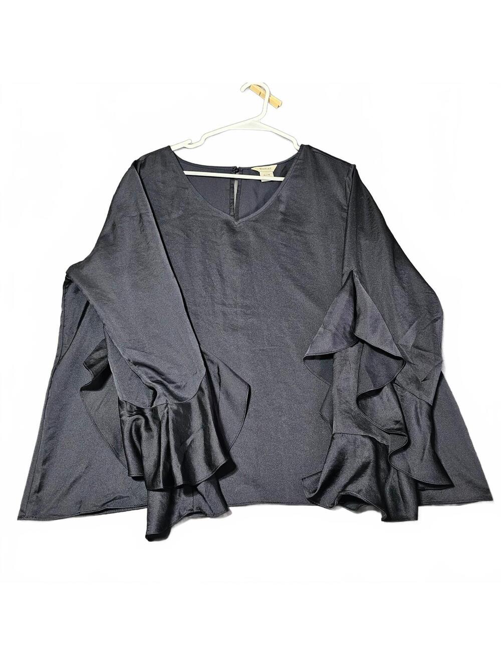 Ariat Womens Blouse XL Dark Blue Ruffle Sleeve V-Neck Western Top Flowy Peasant